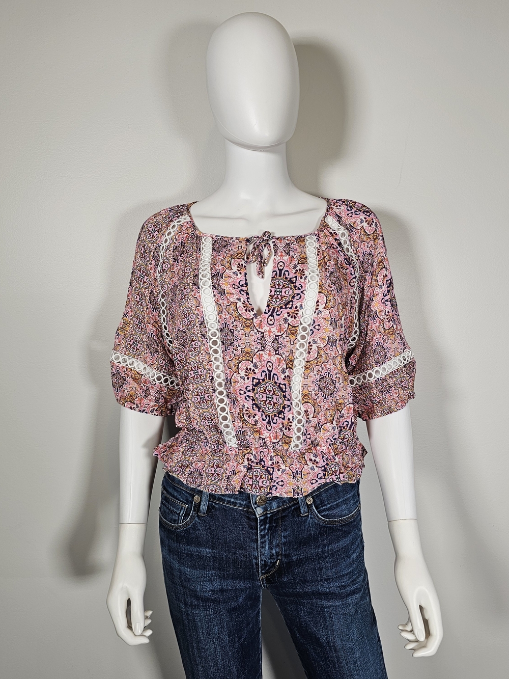 Seafolly Pink Paisley Lace-Trim Peasant Blouse Sz M